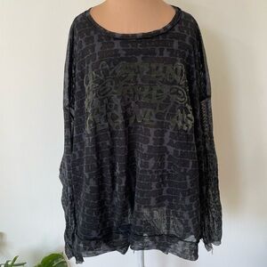 Rundholz Black Print Word Flock Listen Flowers Long Sleeve Mesh Cotton Top EUC S